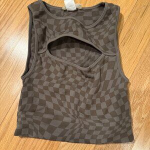 75 Degrees & Fuzzy Women's OS Trippy Checkered Brown Peekaboo Crop Top